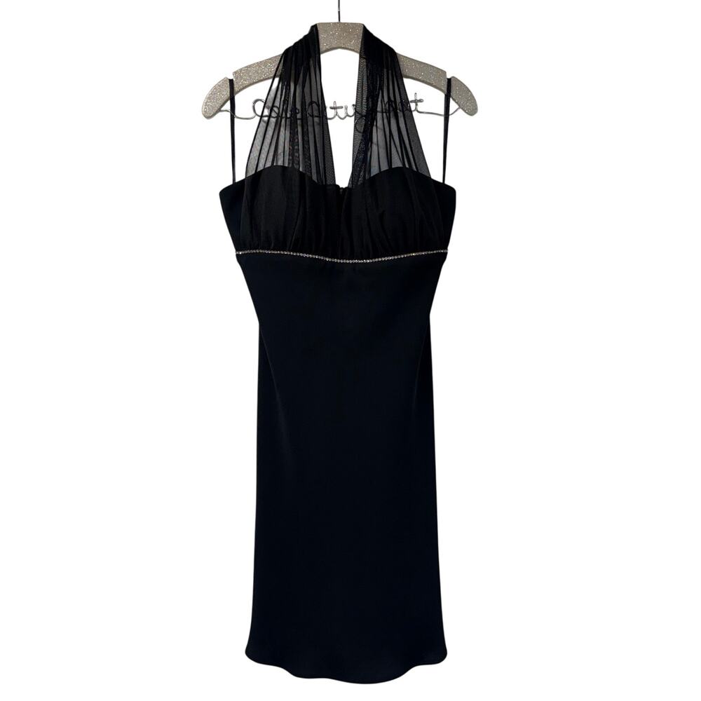 S L Fashions Little Black Mini Dress Rhinestones 90s Halter Vintage 8P Cocktail